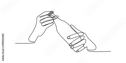 Minimalist continuous line drawing of human hands opening a glass bottle of refreshing beverage Vector, illustration