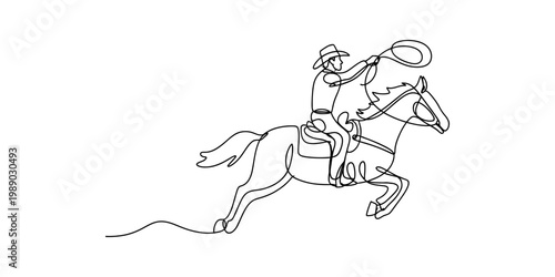 A single continuous line drawing of a cowboy riding a horse while throwing a lasso in the air Vector, illustration