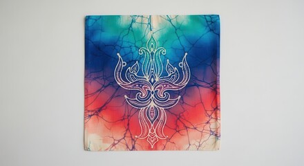 Vibrant symmetrical abstract motif on a striking multicolored tie-dye background showcasing