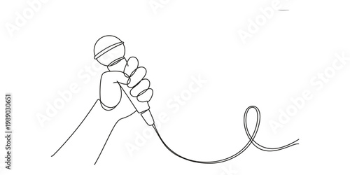 A single line drawing of a hand holding a microphone representing music and performance art design Vector, illustration