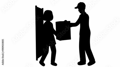 Courier delivering package to woman at doorstep in black silhouette vector