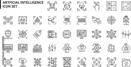 Artificial intelligence and facial recognition line icon set with biometric security machine learning technology symbols editable stroke vector collection