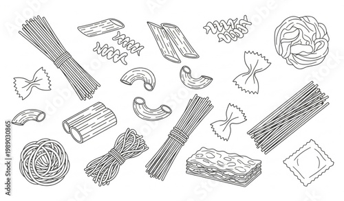 Assorted Pasta Noodle Outline Icons Minimal Scattered Composition Italian Food Vector Set