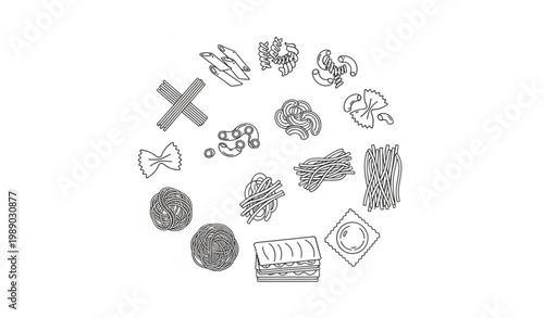 Pasta Noodle Shape Outline Icons Circular Set Minimal Italian Food Line Vector Editable Stroke