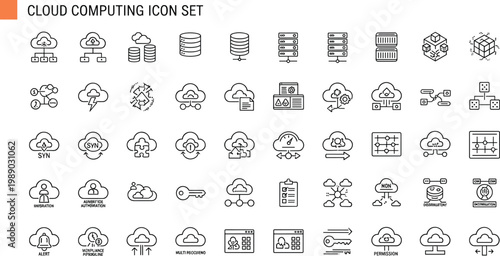 Cloud computing technology outline icon set server storage database network virtualization security infrastructure synchronization vector collection digital cloud services system architecture tools