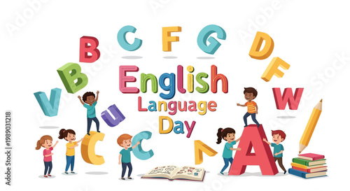 Colorful vector illustration celebrating English Language Day, featuring diverse children interacting with alphabet letters against a clean white backdrop, designed in a vibrant, playful