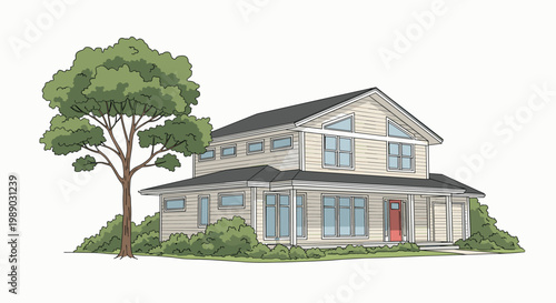 Modern two-story residential house with beige siding a dark grey roof and a large green tree in the front yard.