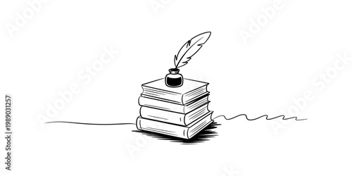 A black and white line drawing of a stack of books with an inkwell and a feather quill on top Vector, illustration