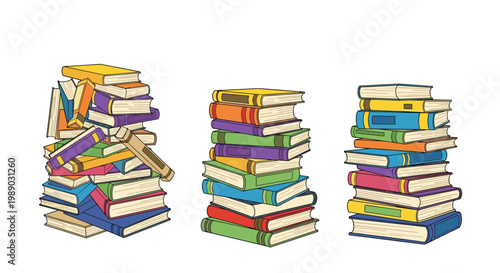 Three large piles of colorful hardcover and paperback books of various sizes stacked neatly on a white background.