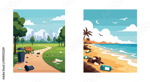 Environmental pollution scenes showing a park trail and a sandy beach covered in plastic bottles and discarded trash.