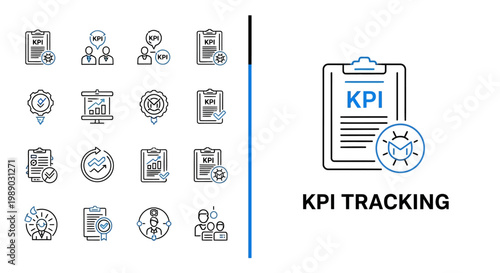 KPI tracking icon set for business success and performance monitoring