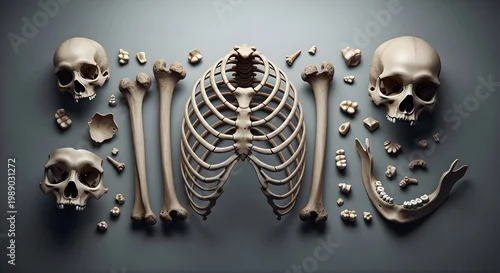 Fototapeta Rib Bones and Skull Fragments in Documentary Composition