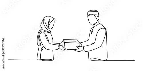 A single continuous line drawing of a muslim man and a woman sharing a gift box with each other Vector, illustration