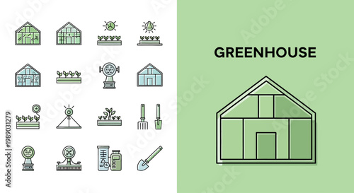 Greenhouse and gardening icons for plant cultivation and farming.
