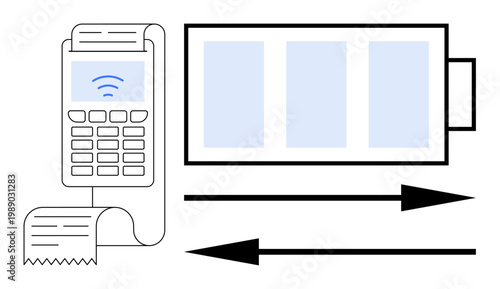 Finance, technology, wireless payment, energy consumption, efficiency, transaction process. Payment terminal with receipt and battery icon with arrows. Finance and technology process