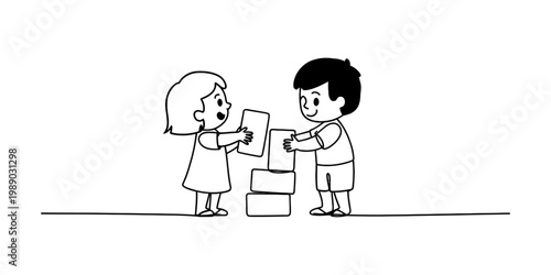 A young girl and a young boy happily playing together by stacking square building blocks high. Vector, illustration