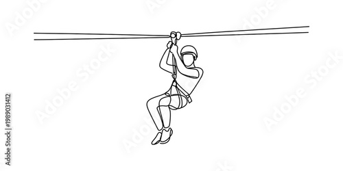 A continuous line drawing of a person wearing a helmet while riding on a high speed zipline cable Vector, illustration