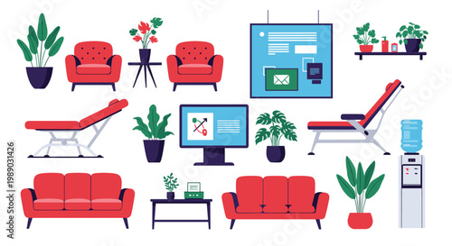 Large collection of office interior furniture and items including sofas armchairs desk computer and potted plants.