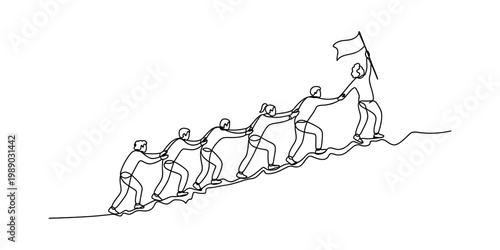 A continuous line drawing of a team of people climbing a hill while helping each other to succeed Vector, illustration