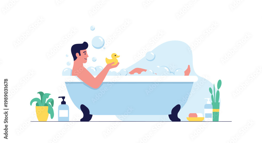 Obraz premium Young man relaxing and having fun in a bubble bath while holding a yellow rubber duck in a clean white bathroom.