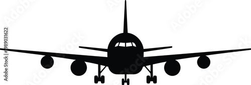 black silhouette of a commercial airplane flying directly towards the viewer on a white background