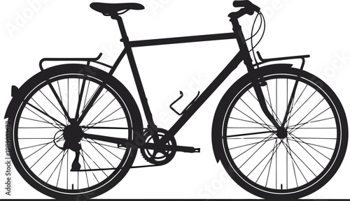 black bicycle with luggage rack on white background, side view, minimalist style