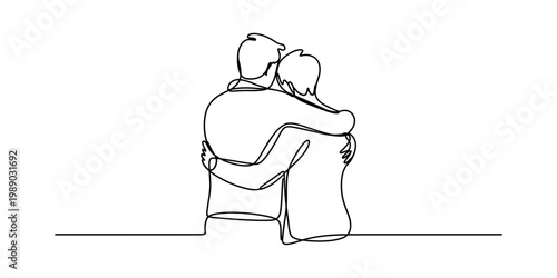A minimalist single line drawing of two people hugging each other in a tender emotional embrace Vector, illustration