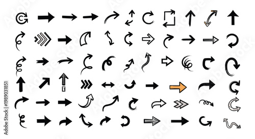 Set of various hand drawn black arrows with different shapes and styles for graphic design and navigation symbols.