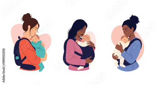 Three diverse mothers carrying their babies in ergonomic carriers to show the bond between parent and child.