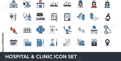 Hospital clinic healthcare medical treatment emergency diagnostics pharmacy laboratory patient care insurance equipment vector icon collection professional healthcare services