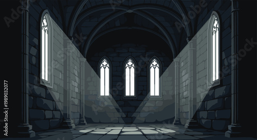 Atmospheric medieval castle hall with stone walls and light rays shining through gothic windows onto the dark floor.