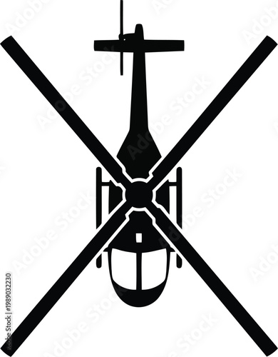overhead view of a black helicopter silhouette with rotor blades, aircraft icon, helicopter symbol
