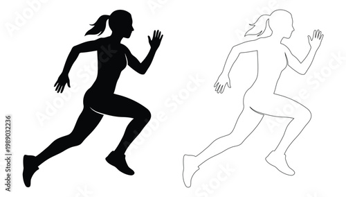 Athletic Woman Black Silhouette and Outline Set, Performing Sprinting and High Knees Exercises for Fitness Training and Cardio Workout Illustration