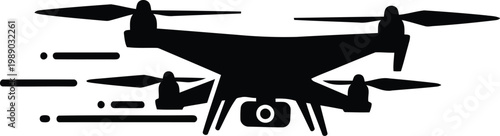 black drone flying with motion lines on white background