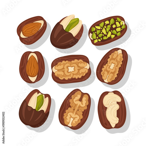 Assorted Dried Fruits and Nuts Collection: Dates, Walnuts, Pistachios, Brazil Nuts