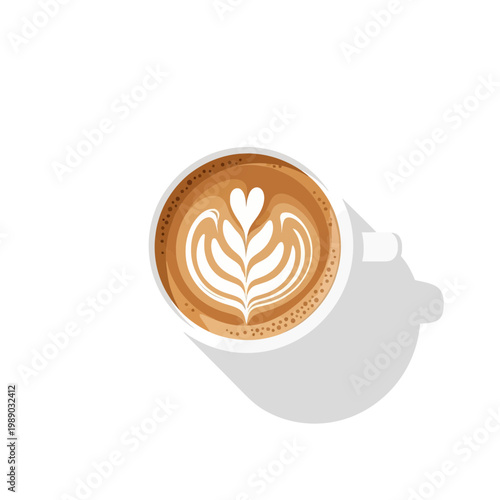 Artistic Latte Coffee Cup with Heart Design, Top View, Isolated on White