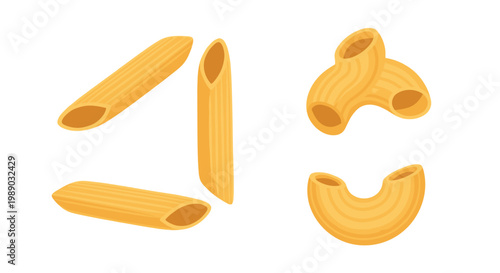 Different types of dry pasta shapes including penne and macaroni illustrated in a simple vector style on white.