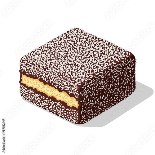 Australian Lamington Cake Slice Isolated on White Background