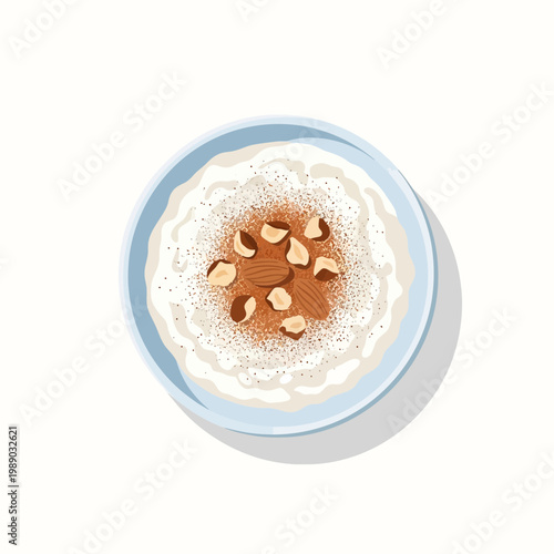Creamy Rice Pudding with Hazelnuts and Cinnamon Sprinkled Top View