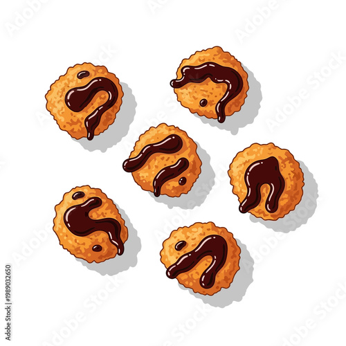 Crispy Chicken Nuggets with Chocolate Sauce Drizzle, Top View