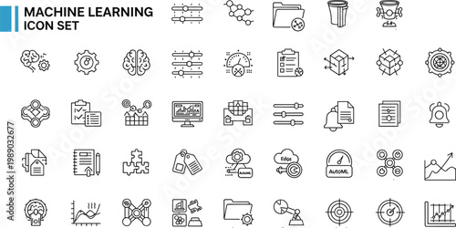 Machine learning artificial intelligence outline icon set neural network data analytics automation algorithm training model prediction computing technology vector collection AI system