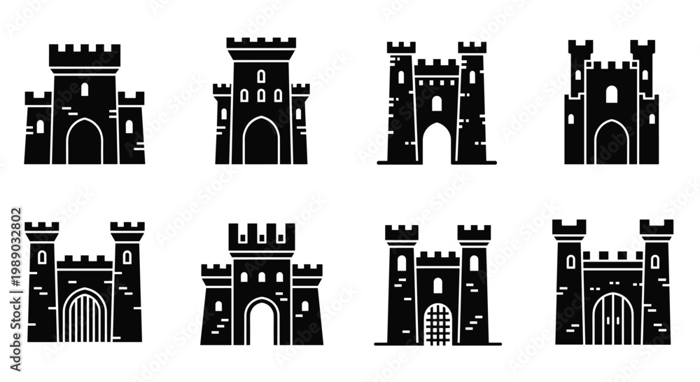 Fototapeta premium Eight black silhouette icons of medieval castle towers and fortress gates shown from a front view for logo design.