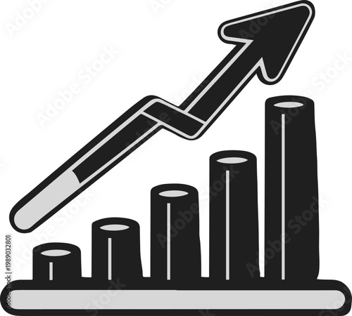 Black bold line art of money growth chart with arrow up, finance success concept, minimal style, white background, no gradients, no effects