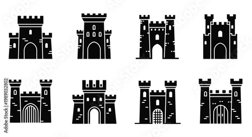 Eight black silhouette icons of medieval castle towers and fortress gates shown from a front view for logo design.