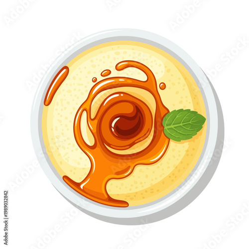 Delicious Crepe with Caramel Sauce and Mint Leaf, Top View