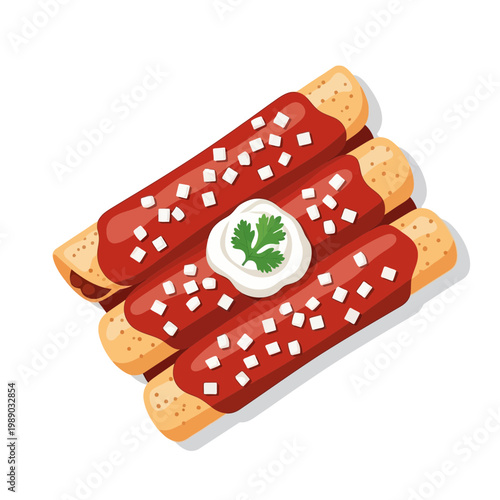 Delicious Enchiladas with Red Sauce, Cream, and Cilantro - Isolated