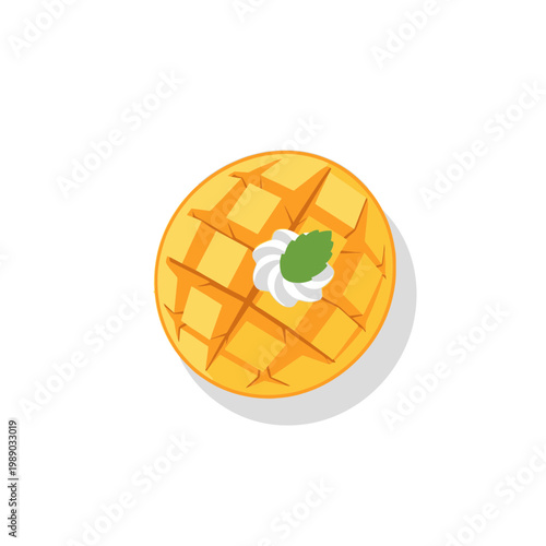 Delicious Waffle with Cream and Mint Leaf on White Background - Top View