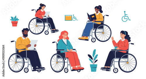 Diverse group of men and women using wheelchairs for daily activities like reading and chatting in a flat design.