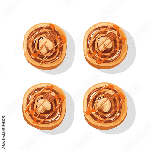 Four Delicious Cinnamon Rolls with Caramel Drizzle and Nuts on White Background