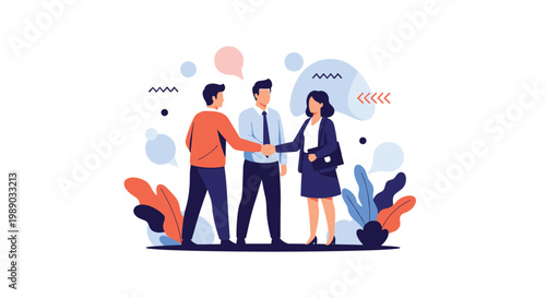 Business professionals shake hands to seal a deal in a modern flat illustration with decorative abstract shapes.